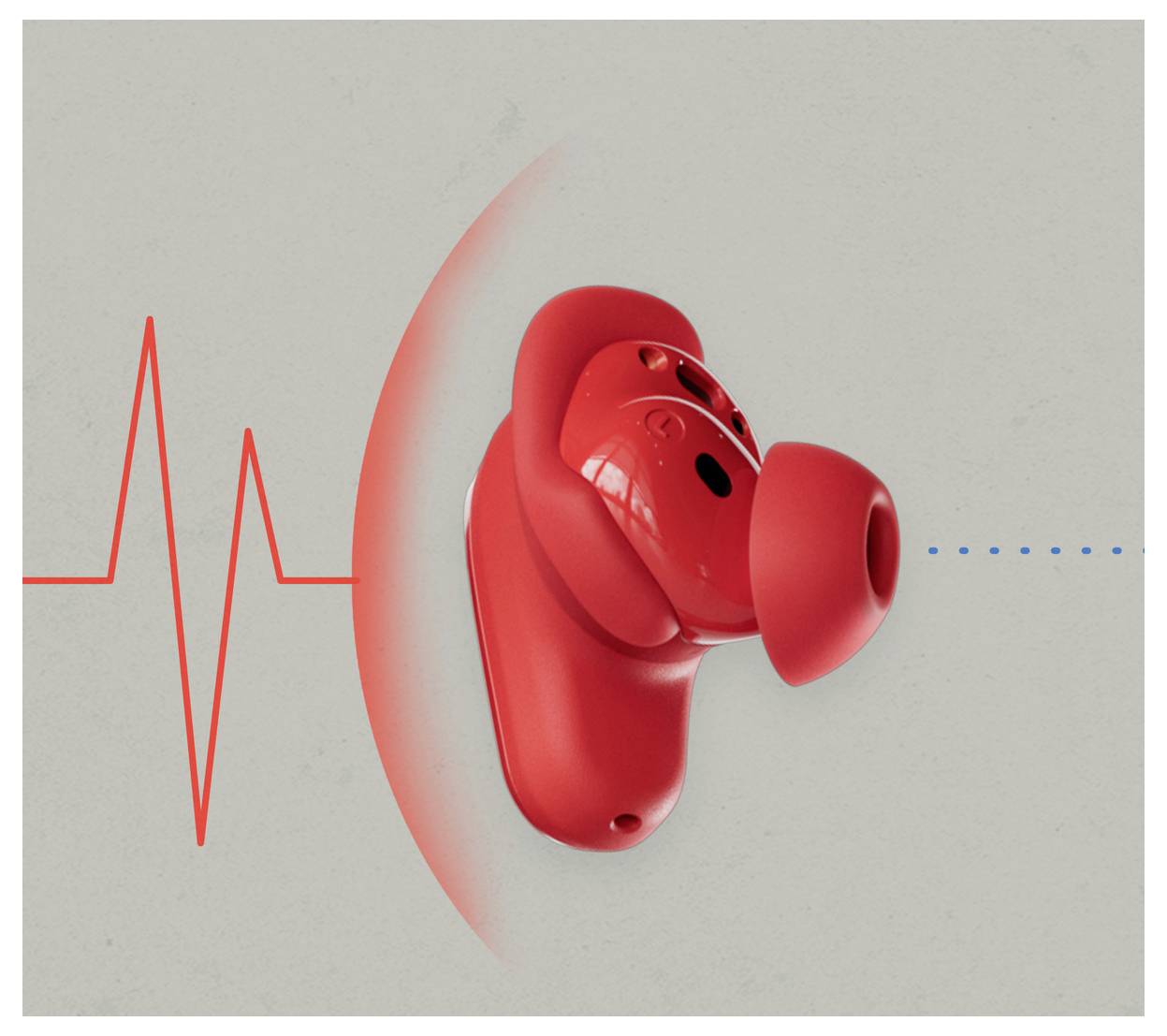 Un écouteur rouge avec des ondes sonores représentées par une ligne de battement cardiaque, suggérant une fonctionnalité audio ou de surveillance de la santé.
