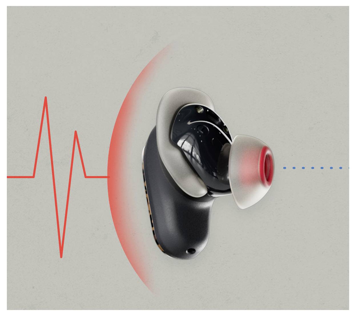 Un seul écouteur sans fil noir avec un embout auriculaire en silicone à pointe rouge est présenté. Une ligne de battement cardiaque s'étend de l'écouteur, suggérant le son ou la connectivité.