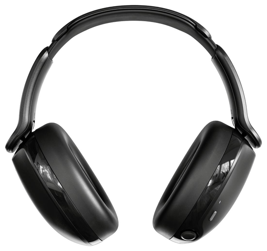 Casque audio noir supra-auriculaire avec coussinets auriculaires rembourrés et serre-tête réglable, positionné verticalement, montrant les écouteurs gauche et droit.