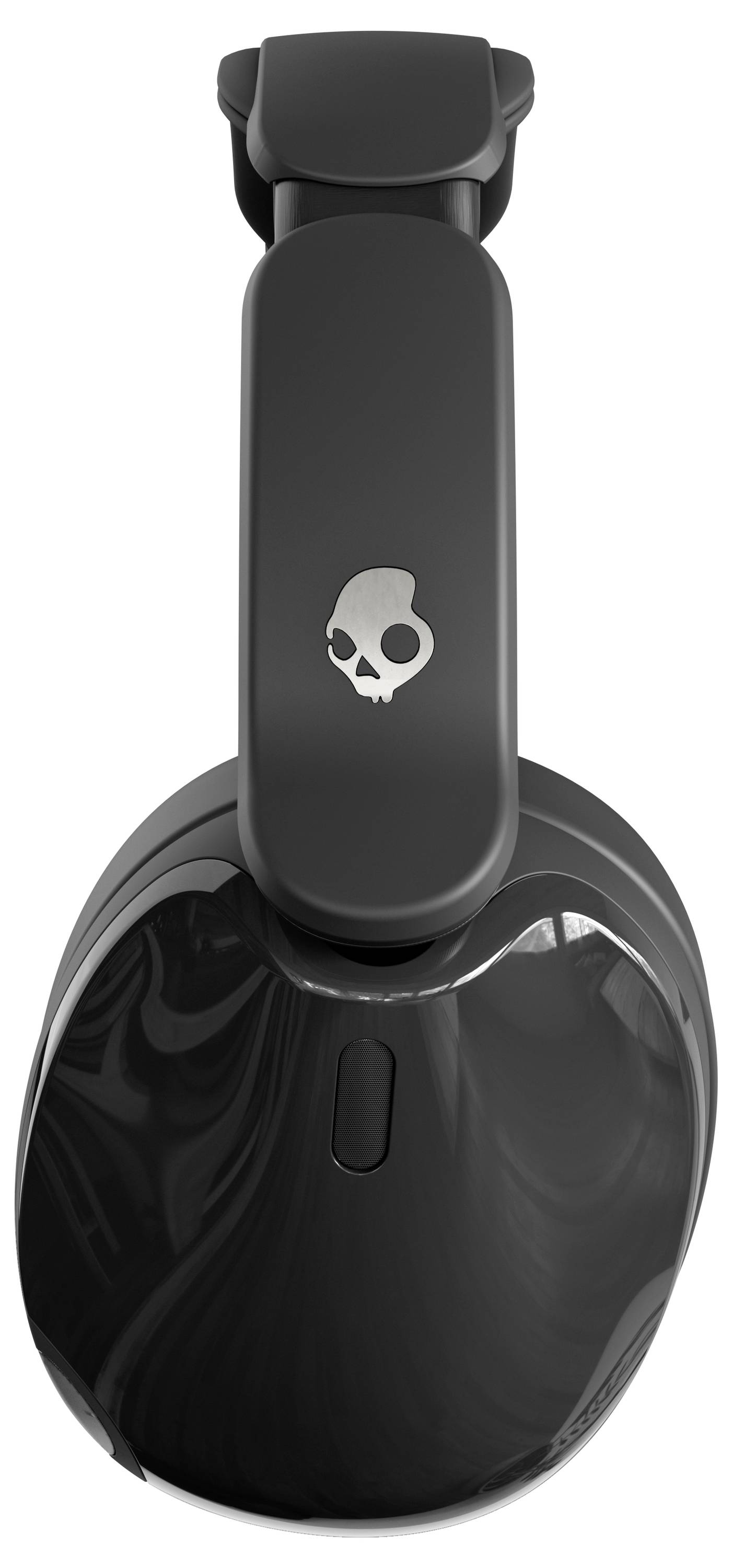 Un casque audio sans fil supra-auriculaire noir avec un logo de crâne sur le côté de l'écouteur.