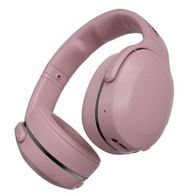 Casques audio rose à arceau avec coussinets auriculaires rembourrés et serre-tête ajustable, conçus pour la jouissance de l'audio sans fil.