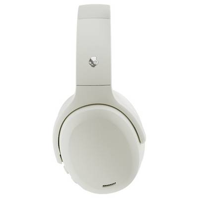 Casque audio sans fil blanc supra-auriculaire avec logo de crâne sur le côté, conçu pour l'annulation du bruit et une écoute confortable.