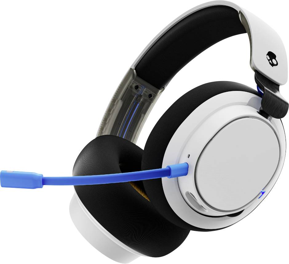 Casque audio supra-auriculaire blanc et noir avec un boom micro bleu, présentant un logo crâne sur le serre-tête.