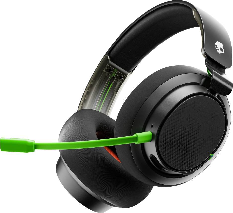 Un casque de jeu noir supra-auriculaire avec un perchette de microphone verte, doté de coussinets auriculaires épais et rembourrés et d'un logo de crâne sur le serre-tête.