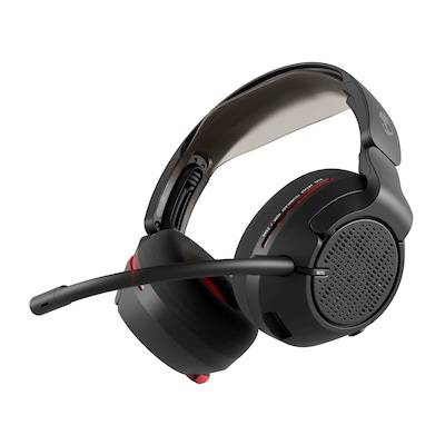 Un casque de jeu noir avec un accent rouge et un microphone ajustable, doté de coussinets auriculaires rembourrés et d'un bandeau flexible.