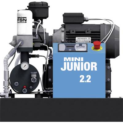 Groupe électrogène industriel étiqueté « MINI JUNIOR 2.2 » avec un bouton d'arrêt d'urgence rouge, des tuyaux et des composants moteur sur une base.