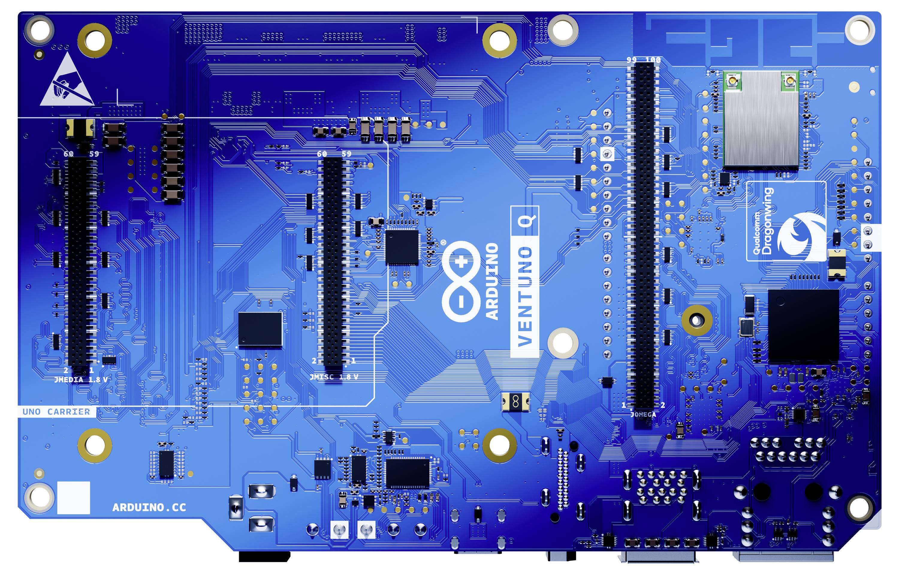 Carte de circuit 'Arduino Ventuno Q' bleue présentant divers ports de connectivité, puces et composants avec des étiquettes indiquant les spécifications.