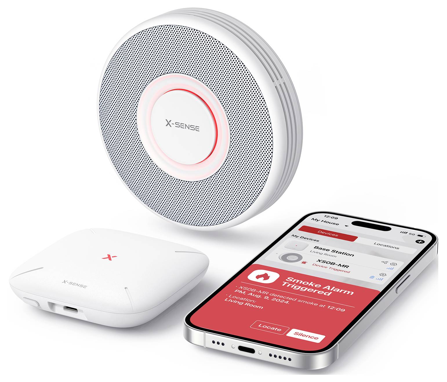 Système d'alarme incendie montrant un détecteur circulaire, une station de base carrée et l'écran d'une application smartphone indiquant « Alarme incendie déclenchée ».