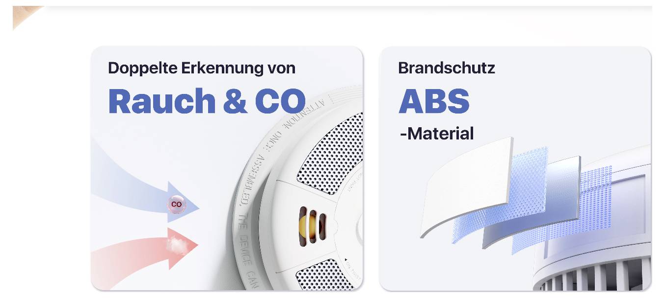 « Détection double de fumée et CO » indique le détecteur de fumée. « Protection incendie matériau ABS » indique les couches de matériau ABS en relation avec la protection incendie.