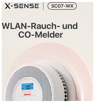 Détecteur de fumée et de CO avec WLAN, modèle SC07-WX, monté sur un mur. Affiche un écran numérique avec le chiffre « 100 ».