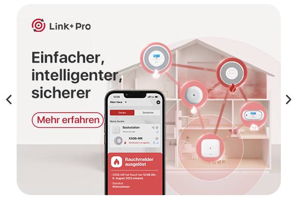 « Diagramme du système de sécurité domestique intelligente Link+Pro avec interface d'application mobile. Montre un détecteur de fumée, une alarme et un concentrateur de contrôle interconnectés. »