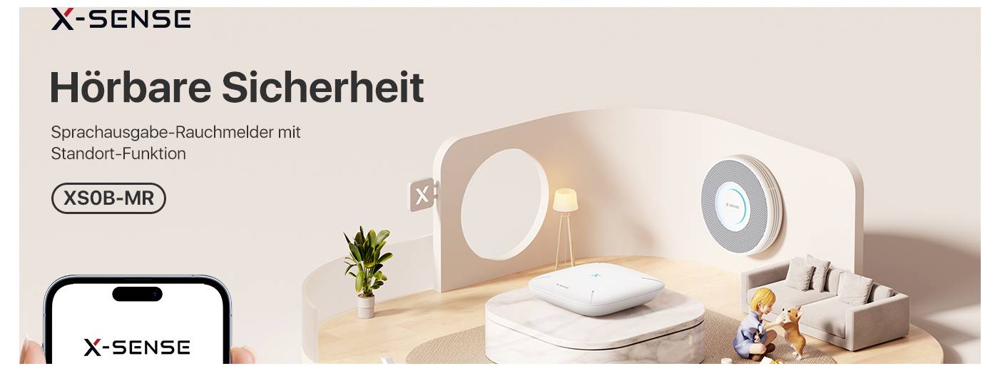 Une pièce moderne présente un détecteur de fumée X-Sense, 'XS0B-MR,' mettant en avant sa fonction de localisation. Un smartphone affiche l'interface de l'application X-Sense.