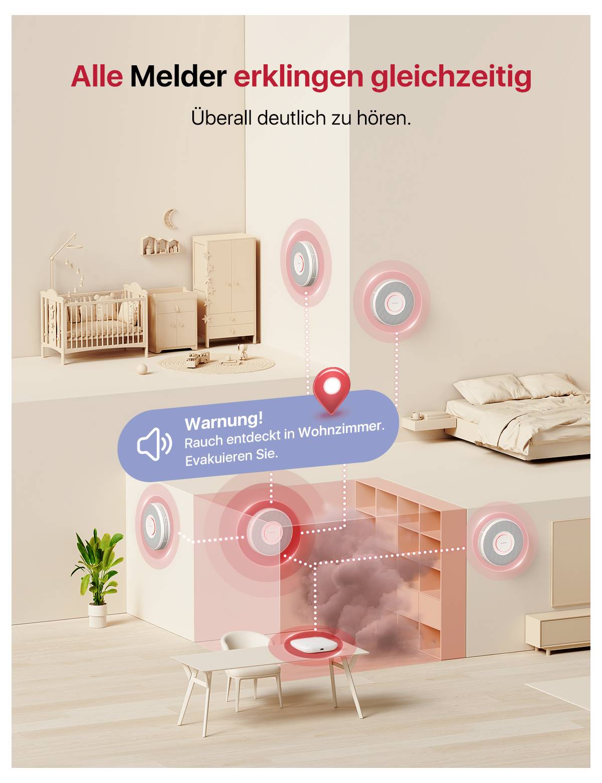 Le diagramme montre un système d'alerte de maison intelligente identifiant la fumée dans un salon. Message principal : « Toutes les alarmes sonnent simultanément. Facilement audible partout. »