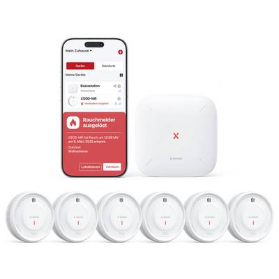 Un smartphone affiche une application de maison intelligente avec une alerte de détecteur de fumée. Ci-dessous se trouvent six détecteurs de fumée et un dispositif de contrôle central.