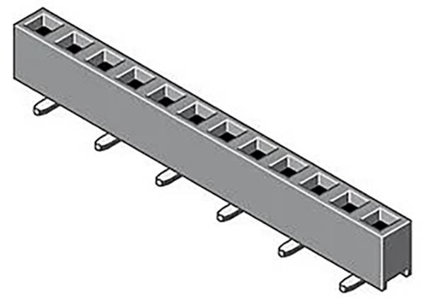 Un connecteur d'en-tête électrique rectangulaire gris avec plusieurs broches qui dépassent d'un côté, utilisé pour connecter des composants électroniques.