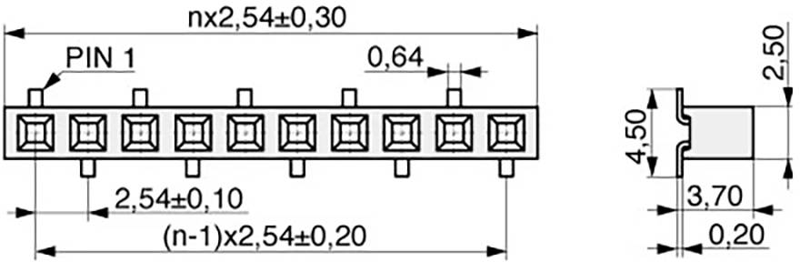 Schéma technique d'un connecteur à broche comportant 10 broches. Dimensions : hauteur 4,50 mm, espacement des broches 2,54 mm, largeur de la broche 0,64 mm, profondeur 3,70 mm.