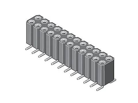 Illustration isométrique d'un connecteur femelle 20 broches avec des alvéoles cylindriques, montrant une vue latérale avec les broches orientées vers le bas.