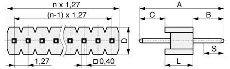 Diagramme d'un composant mécanique cylindrique avec dimensions étiquetées : n x 1,27, (n-1) x 1,27, 1,27, 0,40 ; vue de côté étiquetée A, B, C, D, L, S.