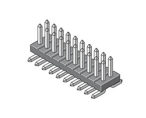Une illustration d'un connecteur à deux rangées de broches coudées, couramment utilisé pour les connexions en électronique et sur les cartes de circuit imprimé.