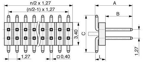 « Dessin technique d'un connecteur à broches double rangée avec dimensions. L'espacement entre les broches est de 1,27 mm ; la longueur L et la hauteur C sont indiquées ; une vue en coupe transversale est incluse. »