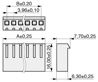 'Schéma technique d'un composant électronique avec dimensions : 7,70±0,25 largeur, 6,30±0,25 profondeur, 16,00±0,25 hauteur, 3,96±0,10 espacement, et étiquettes A±0,25, B±0,20.'