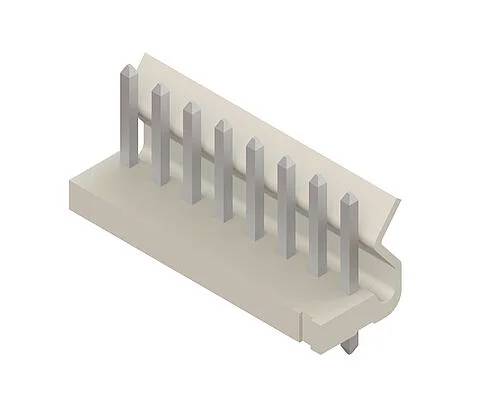 Un rendu 3D d'un connecteur à huit broches avec une base en plastique beige, montrant des broches métalliques alignées en une seule rangée.