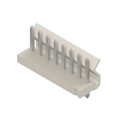 Un rendu 3D d'un connecteur à huit broches avec une base en plastique beige, montrant des broches métalliques alignées en une seule rangée.