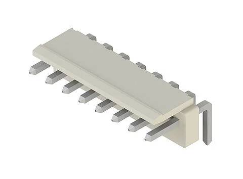 Rendu 3D d'un connecteur à en-tête CMS à ruban gris avec huit broches métalliques parallèles de chaque côté.