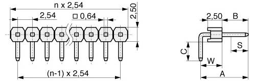 Schéma d'un connecteur d'en-tête avec mesures : espacement horizontal des broches de 2,54 mm, diamètre des broches de 0,64 mm et hauteur verticale de 2,50 mm.
