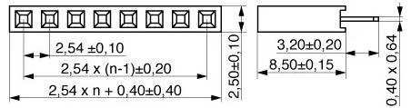 « Diagramme d'un module d'affichage à LED à 10 segments avec mesures : espacement de largeur de 2,54 mm, hauteur de 5 mm et profondeur de vue latérale de 8,5 mm. »