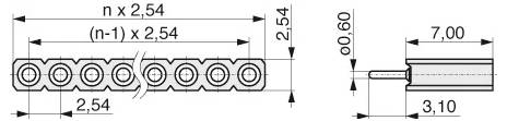Diagramme technique d'un connecteur avec un espacement de 2,54 mm. La vue de face montre des broches circulaires espacées ; la vue de côté montre une broche s'étendant sur 7 mm, avec un écart de 3,10 mm.