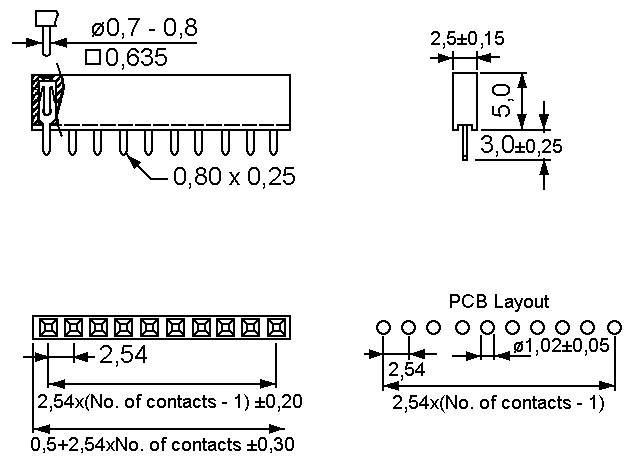 Dessin technique d'un connecteur à broches d'en-tête. Les dimensions incluent un espacement des broches de 2,54 mm, une hauteur de 6,00 mm et une largeur de 7,60 mm.