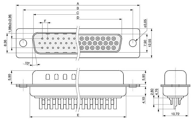 Dessin technique d'un connecteur D-sub avec mesures détaillant l'arrangement des broches, les dimensions et la disposition selon plusieurs vues.
