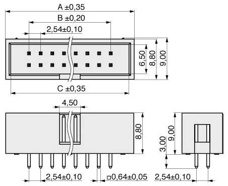 Dessin technique d'un composant électronique avec dimensions : longueur 29,37 mm, largeur 6,5-9 mm, hauteur 8,8 mm. Espacement des broches de 2,54 mm.