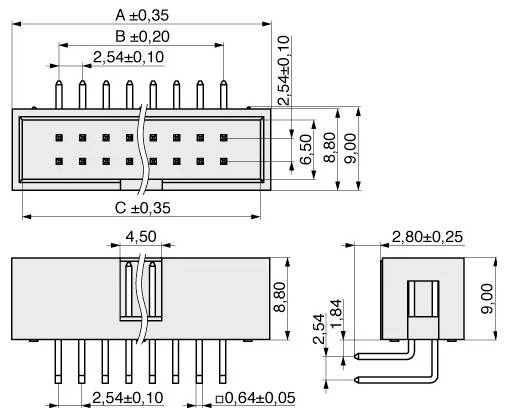 Diagramme technique d'un connecteur électronique multi-broches avec dimensions étiquetées : A ±0,35, B ±0,20, C ±0,35, et mesures détaillées des broches.