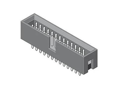 Un connecteur électrique rectangulaire gris avec plusieurs broches métalliques alignées en rangées, utilisé pour les connexions d'appareils électroniques.