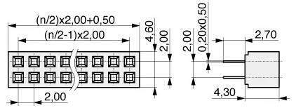 Dessin technique de douilles de boîtier en ligne double (DIP) avec dimensions. Montre l'espacement des broches, la hauteur et la largeur, y compris des intervalles de 2,00 mm.