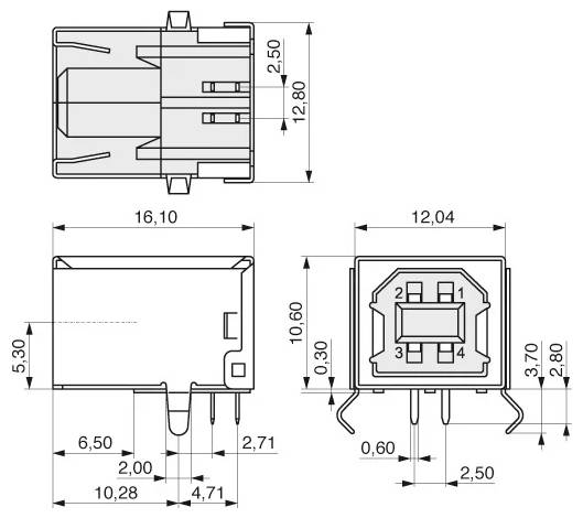 Diagramme technique d'un composant électronique avec plusieurs vues, incluant les dimensions, détaillant la longueur, la largeur et la hauteur en millimètres.