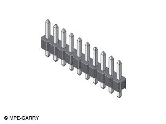 Modèle 3D d'un connecteur gris avec 10 broches disposées en rangée, étiqueté MPE-GARRY, probablement utilisé pour les connexions de circuits électroniques.