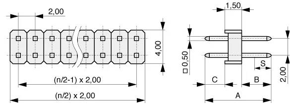 'Schéma de composant mécanique montrant les dimensions : largeur 2,00, hauteur 4,00, vue en coupe avec longueur 2,00, largeur 1,50 et hauteur 0,50.'
