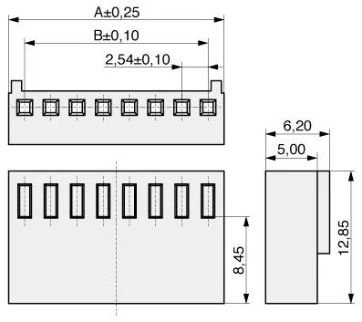 # Diagramme d'un composant électronique avec trois vues : vue de dessus, vue de face et vue latérale. Les dimensions sont étiquetées, mettant en évidence la taille du composant.