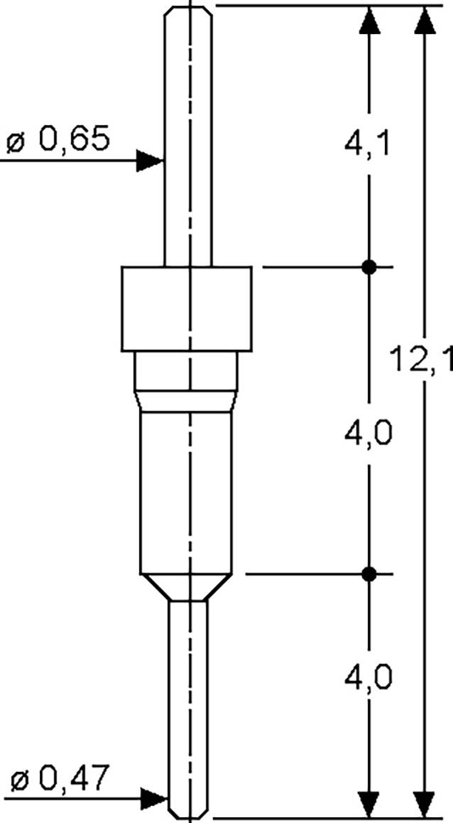 Un dessin technique d'une goupille cylindrique avec des mesures : diamètre 0,65 mm, longueur du corps 4,1 mm, centre 4,0 mm, base 4,0 mm, et diamètre inférieur 0,47 mm.