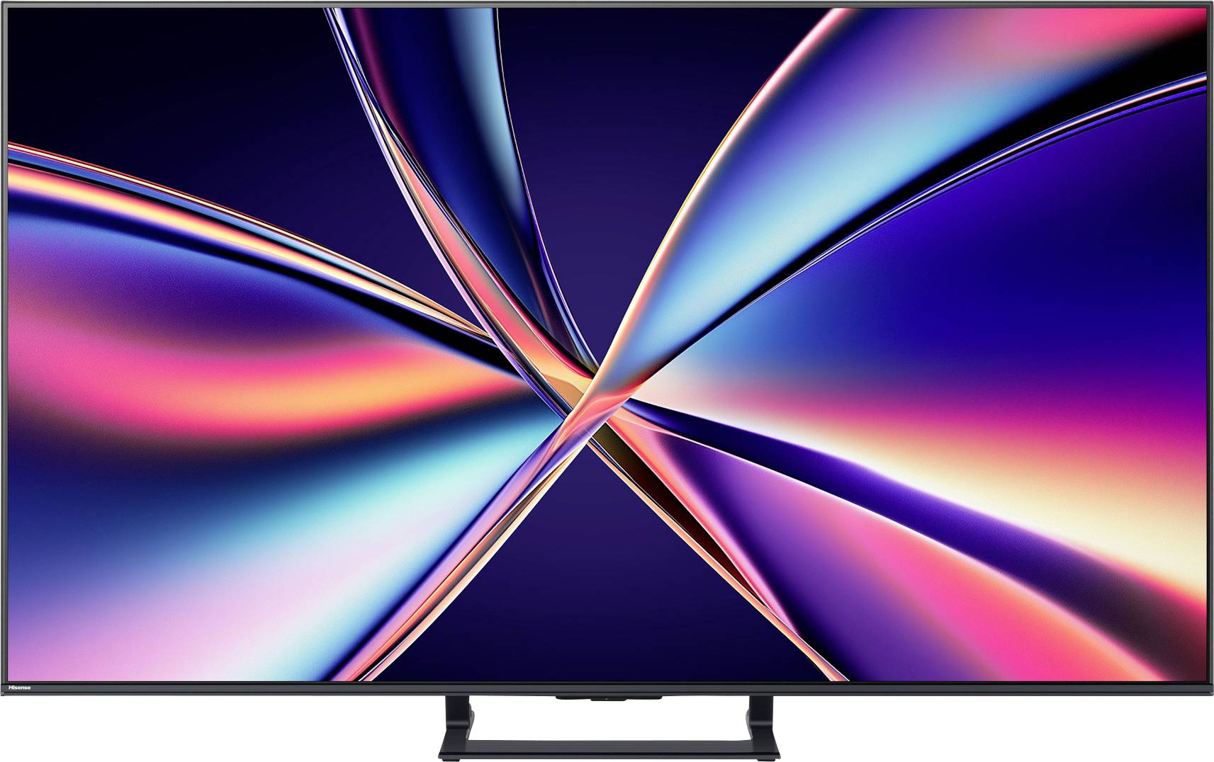 Un écran de télévision affiche un design abstrait vibrant avec des traînées de lumière colorées qui s'entrecroisent sur un fond sombre, créant une sensation de mouvement.