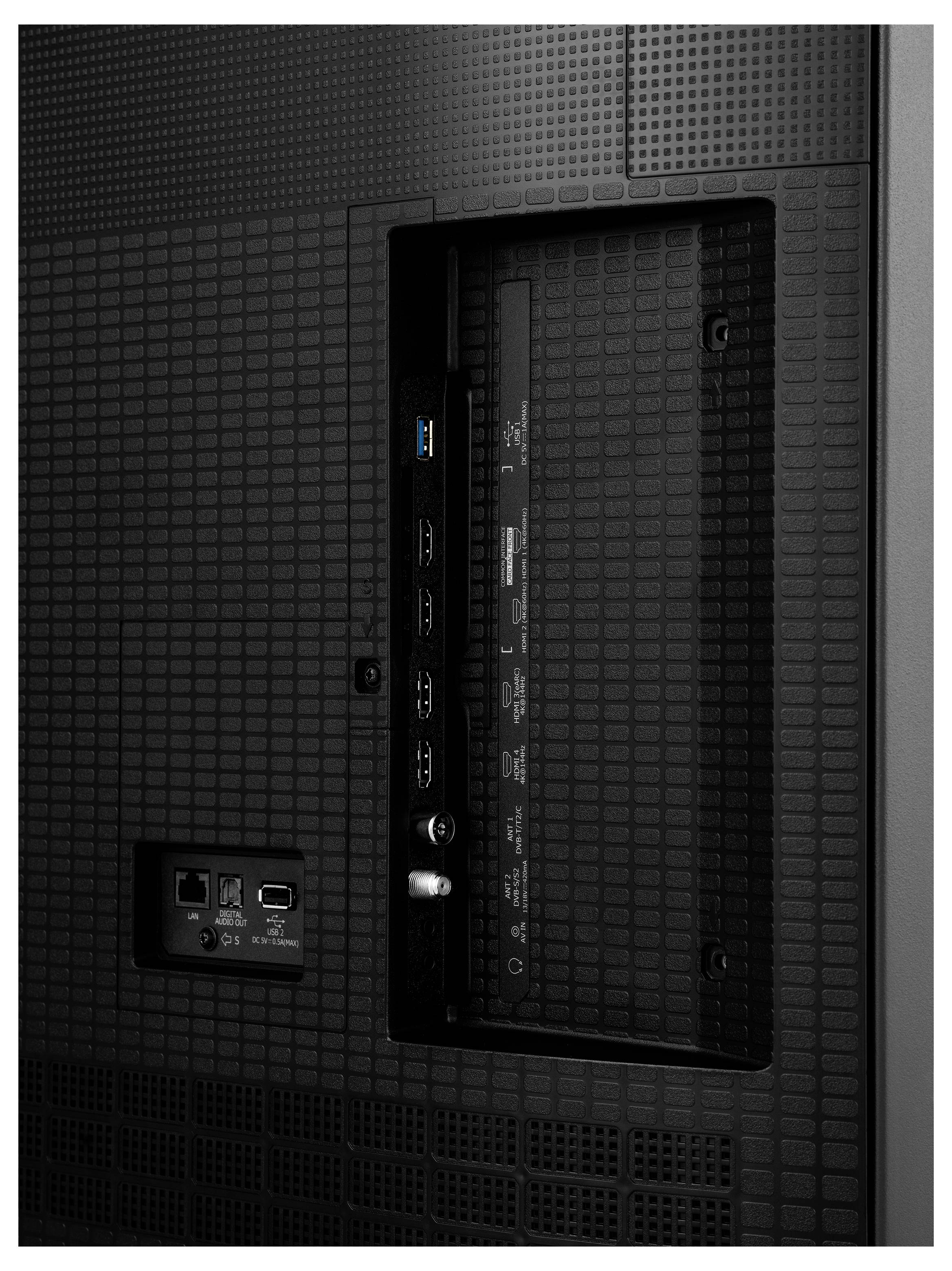 Arrière d'un téléviseur montrant les ports d'entrée : USB, HDMI, Ethernet et sorties audio, avec un motif de grille texturé sur le panneau.