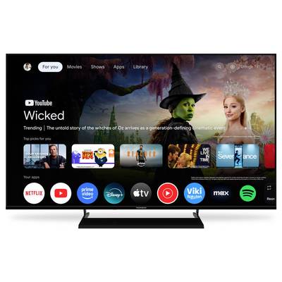 Une interface de téléviseur intelligent affiche un menu avec des applications de streaming comme Netflix, Prime Video, Disney+ et YouTube. La section mise en évidence promeut « Wicked », présentant des personnages du Magicien d'Oz.