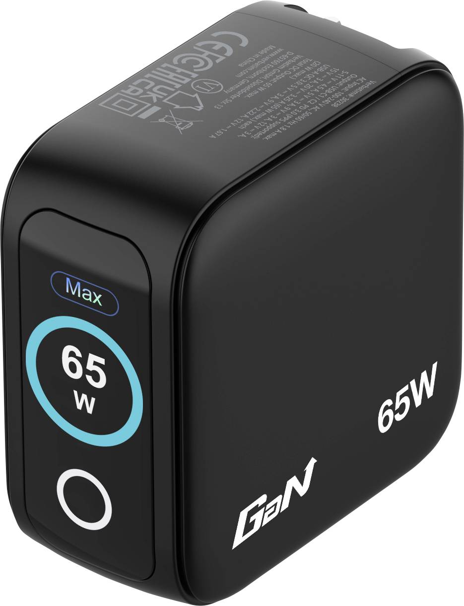 Un chargeur GaN noir avec « 65W » étiqueté en blanc, présentant un indicateur de puissance circulaire et « Max » au-dessus de la puissance.