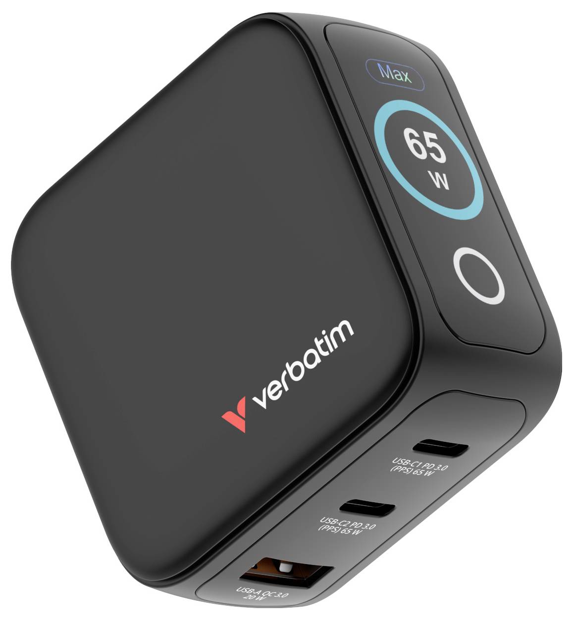 Un chargeur Verbatim noir avec une puissance maximale de 65W dispose de ports USB-C et USB-A, affichant « Max 65W » sur un écran numérique.