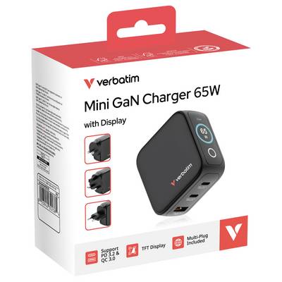 Chargeur GaN Mini Verbatim 65W ; affiche l'image du produit, les caractéristiques : affichage, types de prises multiples, puissance 65W ; support PD 3.0, QC 3.0.