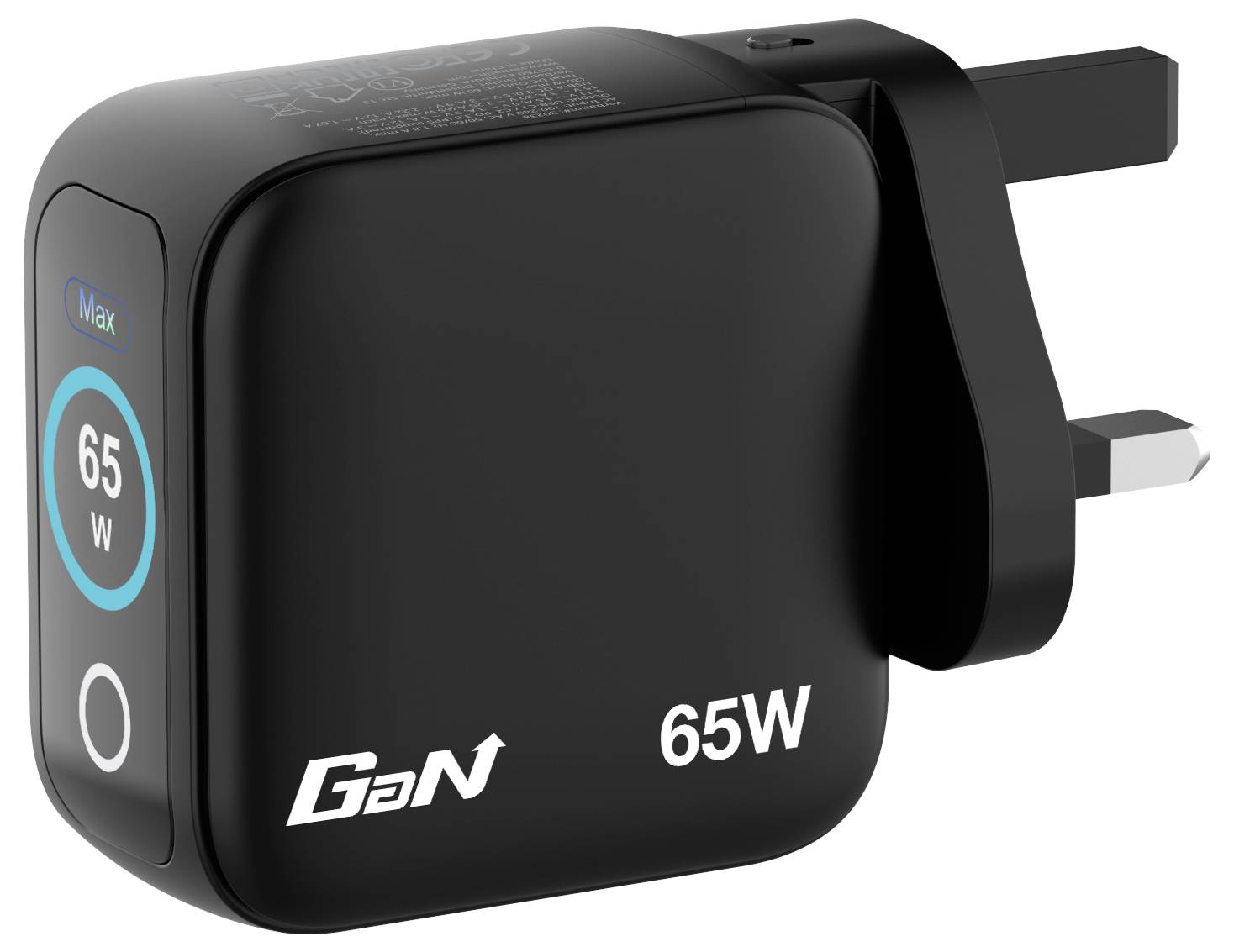 Un chargeur GaN noir de 65W avec une prise à trois broches et des bords arrondis. L'avant affiche « Max » et « 65W » dans des cercles bleu clair.