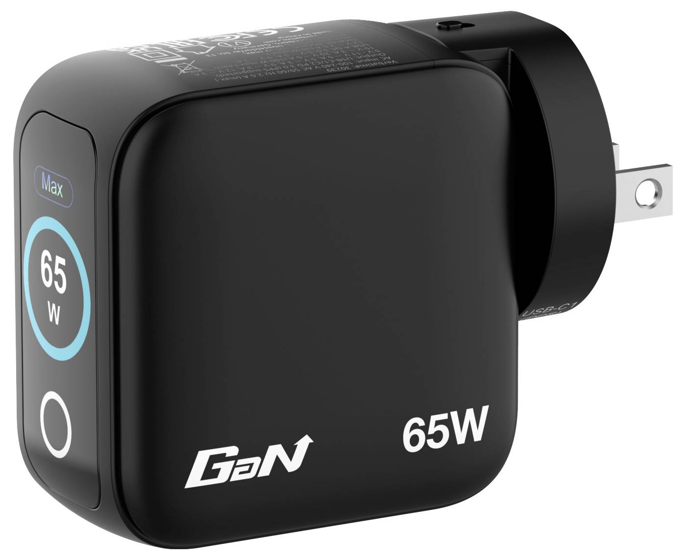 Un adaptateur secteur GaN noir 65W avec prise US, présentant un indicateur circulaire affichant 65W en bleu. Design compact et efficace.